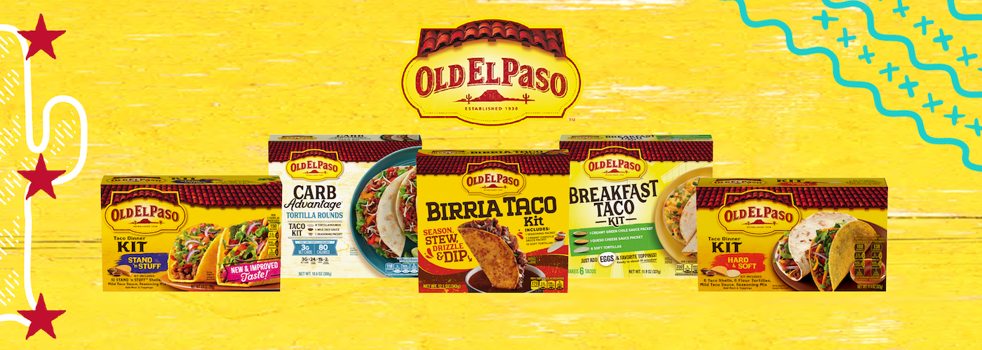 Four Old El Paso meal kits against a yellow background. From left to right: Old El Paso Fajita Kit, Old El Paso Soft Taco Kit, Old El Paso Stacked Crunch Kit, and Old El Paso Taco Pockets Kit.